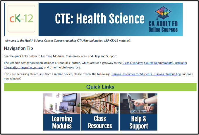 screenshot of home screen of the CTE: Health Science course in conjunction with CK-12 materials
